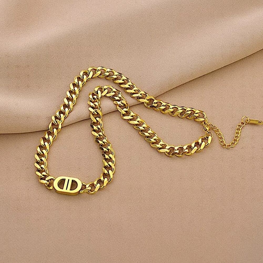 Double D Gold Plated Stainless Steel Necklace Matching Bracelet Set - Picture 3 of 4